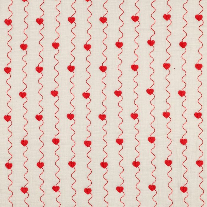 Carina - Matelassé double gaze de coton broderies coeurs rouges
