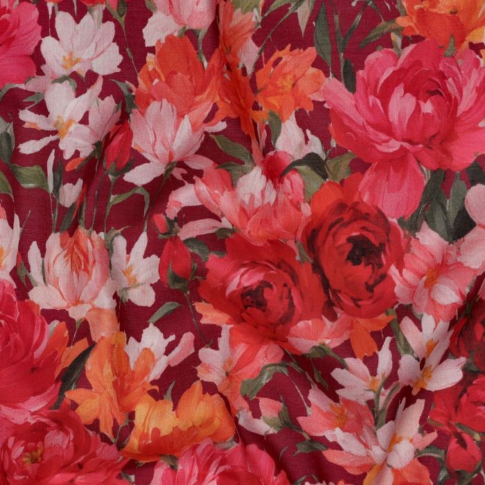 Dahlia - Batiste de coton douce à imprimé fleuri rouge profond