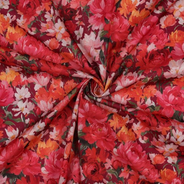 Dahlia - Batiste de coton douce à imprimé fleuri rouge profond