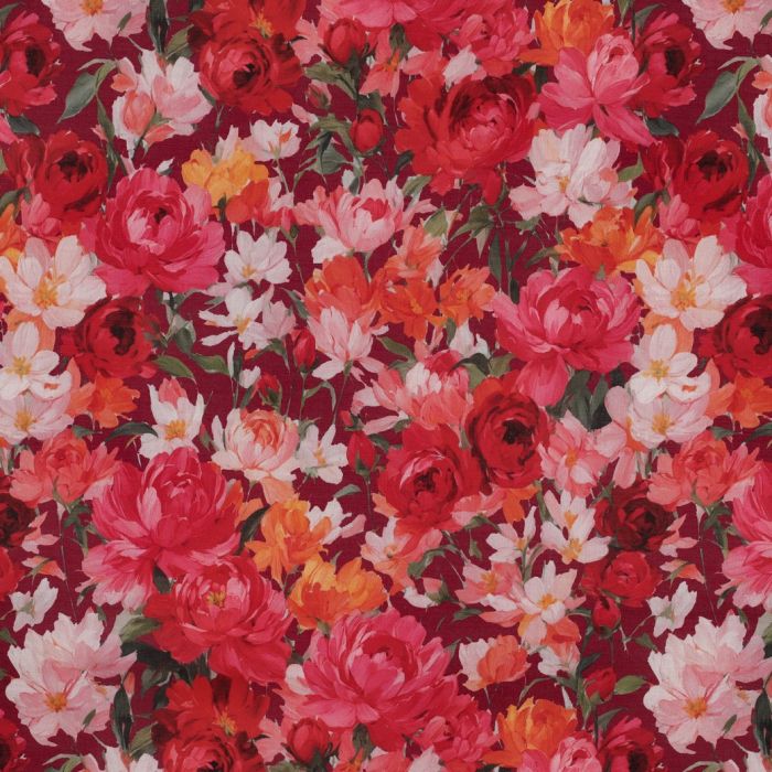 Dahlia - Batiste de coton douce à imprimé fleuri rouge profond