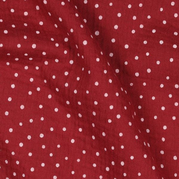 Double gaze de coton pois blanc fond rouge berry