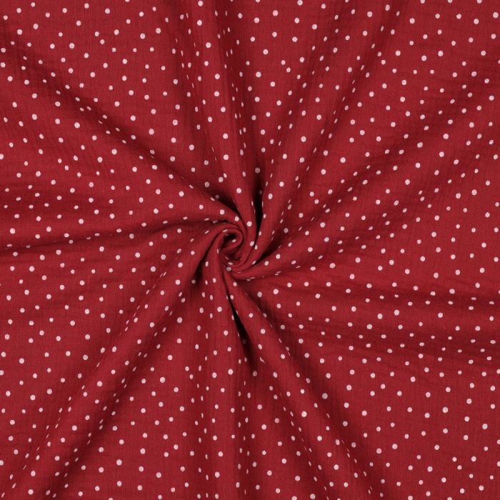 Double gaze de coton pois blanc fond rouge berry