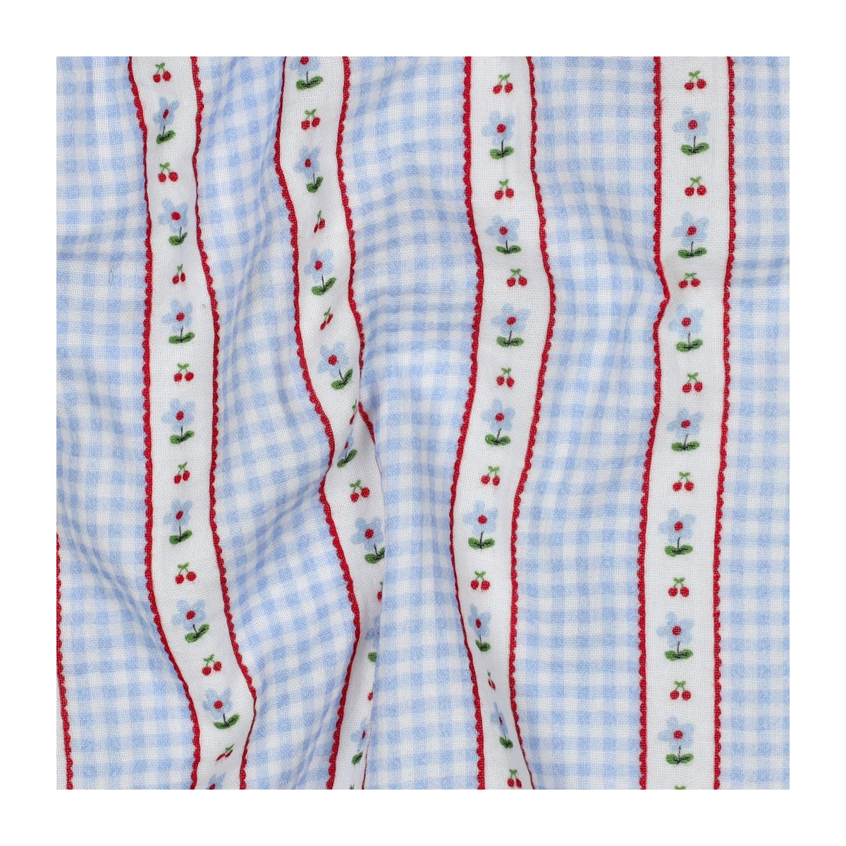 Tissu double gaze coton vendu mètre coupe Emilia vichy retro cerise fleuri