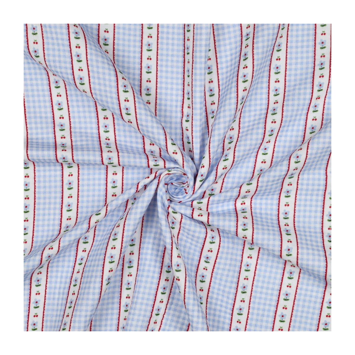 Tissu double gaze coton vendu mètre coupe Emilia vichy retro cerise fleuri