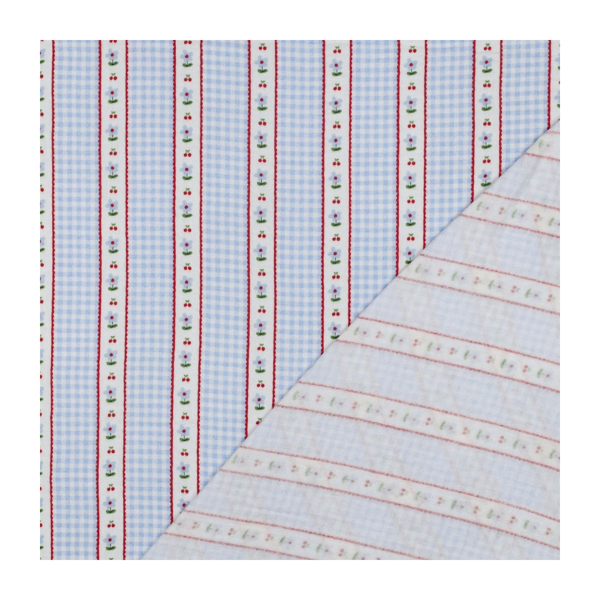 Tissu double gaze coton vendu mètre coupe Emilia vichy retro cerise fleuri