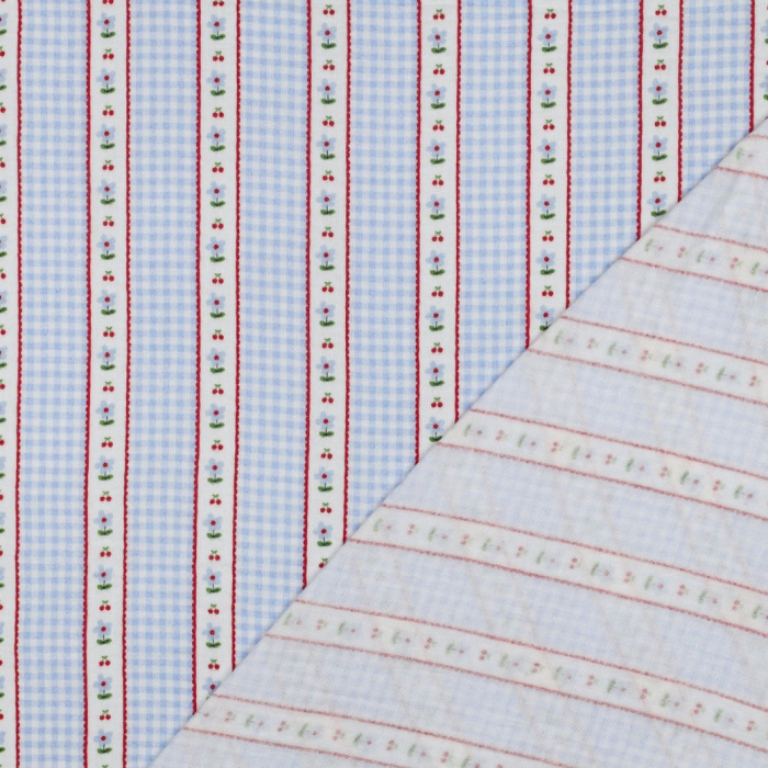 Tissu double gaze coton vendu mètre coupe Emilia vichy retro cerise fleuri