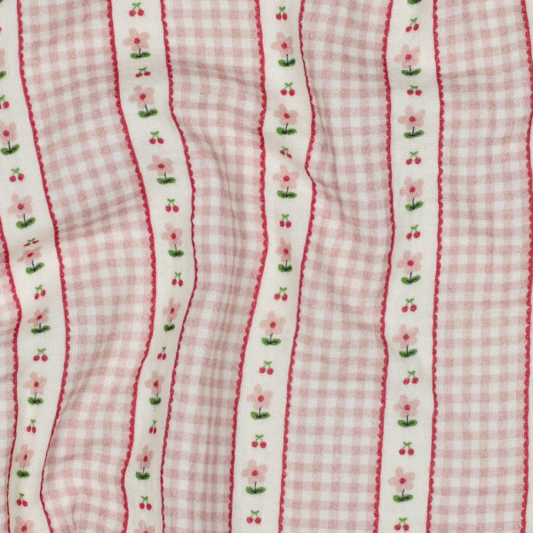 Tissu double gaze coton vendu mètre coupe Emilia vichy retro cerise fleuri 2