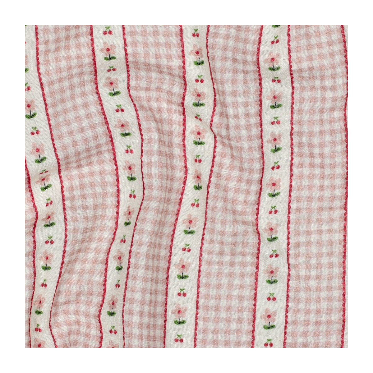 Tissu double gaze coton vendu mètre coupe Emilia vichy retro cerise fleuri