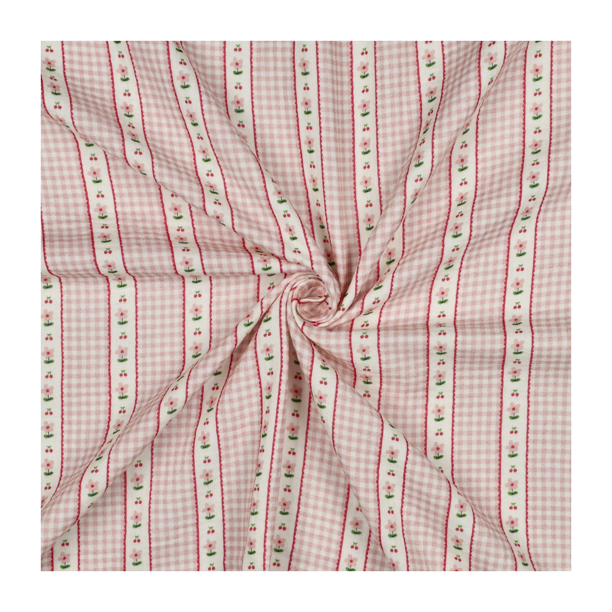 Tissu double gaze coton vendu mètre coupe Emilia vichy retro cerise fleuri