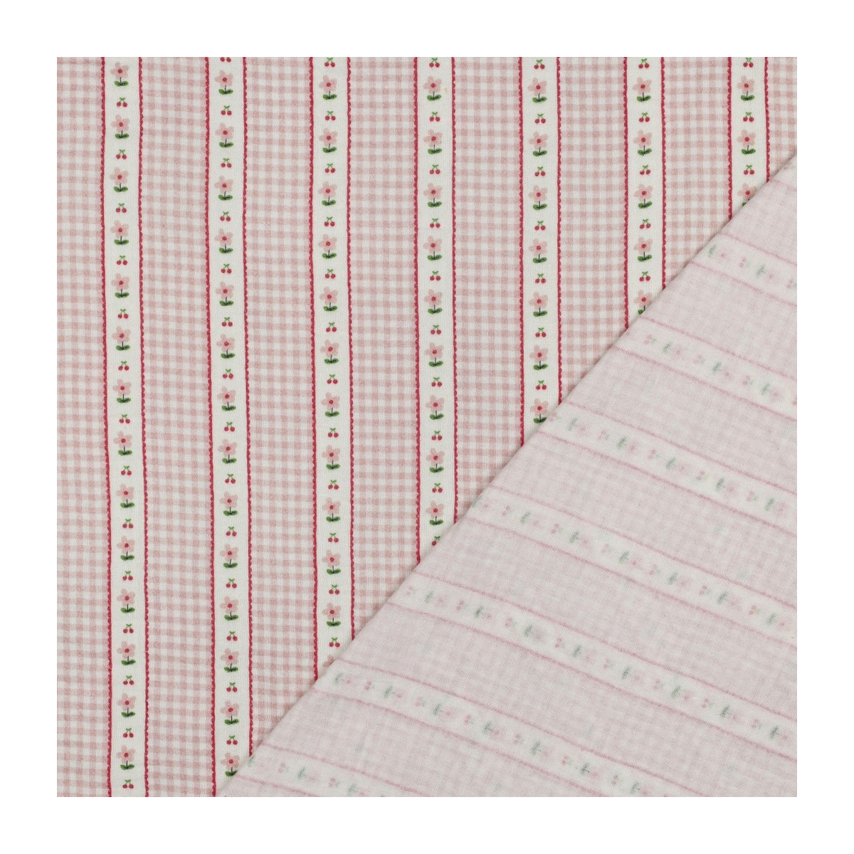 Tissu double gaze coton vendu mètre coupe Emilia vichy retro cerise fleuri