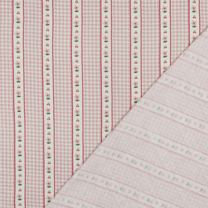 Tissu double gaze coton vendu mètre coupe Emilia vichy retro cerise fleuri