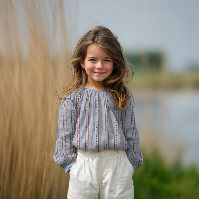 Tissu double gaze coton vendu mètre coupe Emilia vichy retro cerise fleuri