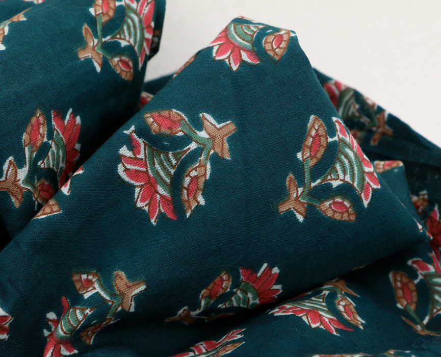 Tissu indien coton hand block traditionnel bleu canard