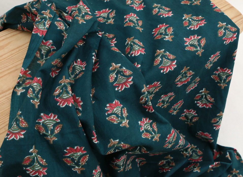 Tissu indien coton hand block traditionnel bleu canard