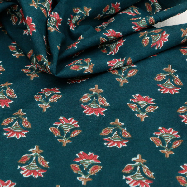 Tissu indien coton hand block traditionnel bleu canard