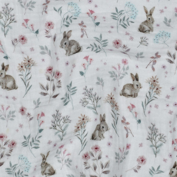 Tissu double gaze coton vendu mètre coupe Celia coloris fleuri et lapins