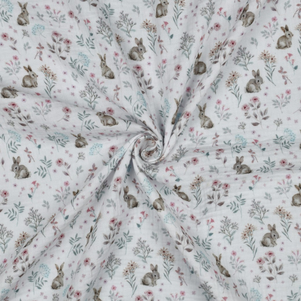 Tissu double gaze coton vendu mètre coupe Celia coloris fleuri et lapins 2