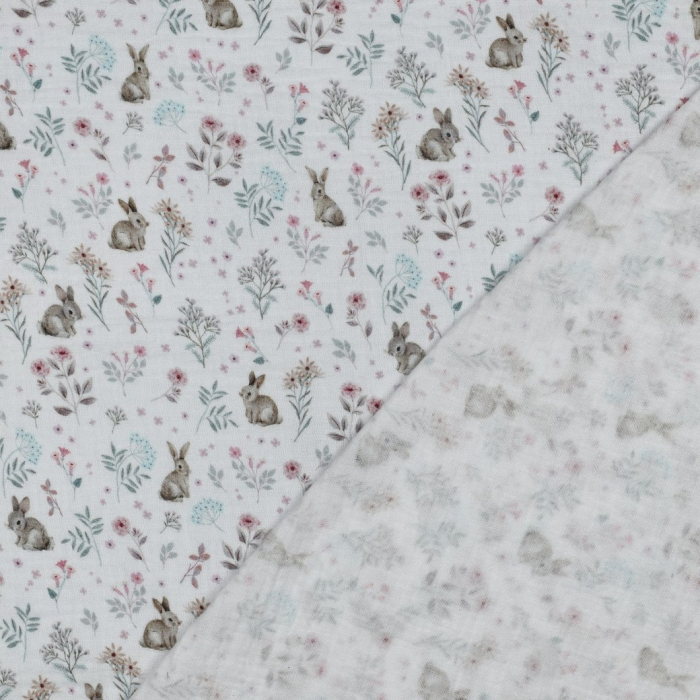 Tissu double gaze coton vendu mètre coupe Celia coloris fleuri et lapins