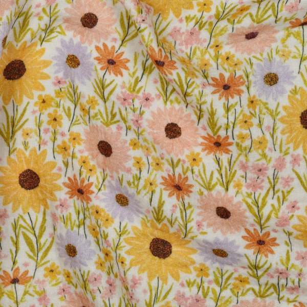 Tissu double gaze coton vendu mètre coupe Calista champêtre fleuri jaune