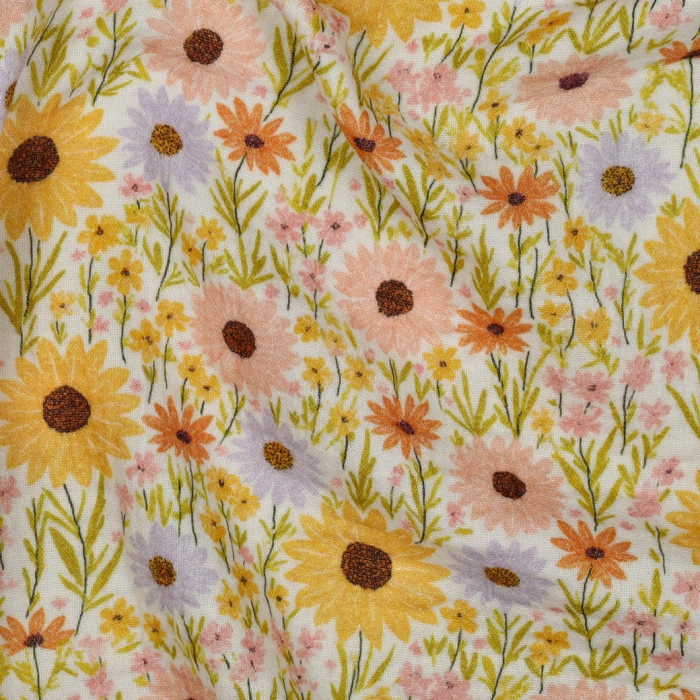Tissu double gaze coton vendu mètre coupe Calista champêtre fleuri jaune
