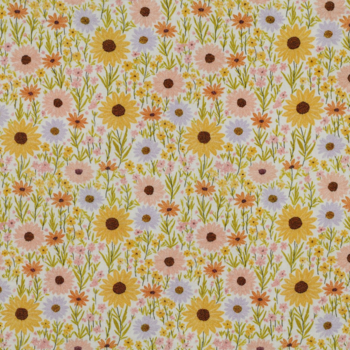 Tissu double gaze coton vendu mètre coupe Calista champêtre fleuri jaune
