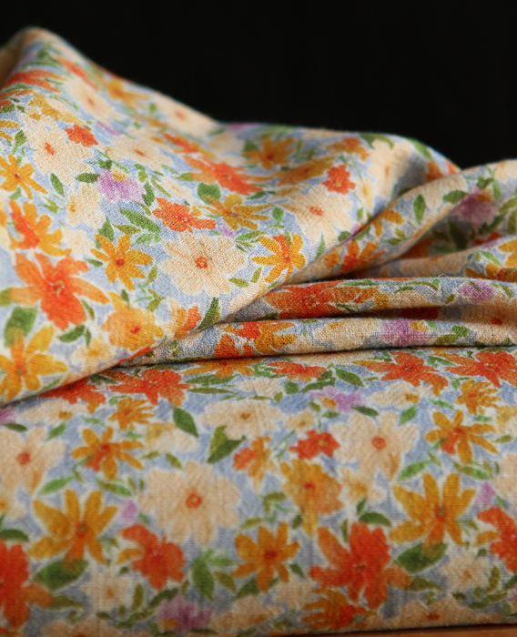 Crêpe lin et viscose imprimé fleuri orangé