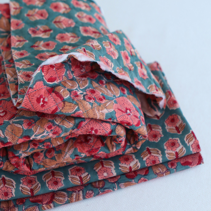 Sahar - Tissu indien coton hand block traditionnel Teal