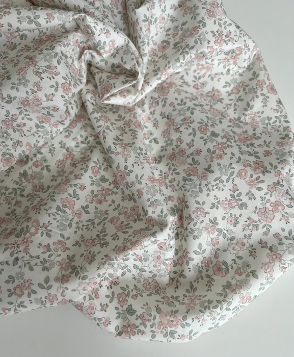 June - Popeline de coton douce BIO imprimé fleuri vert sauge et rose Tissus issus de l'agriculture biologique  - 5
