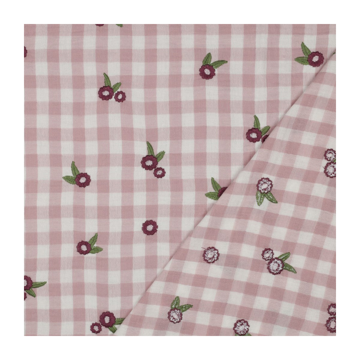 Elvina - Double gaze de coton brodée vichy mauve broderie fleur