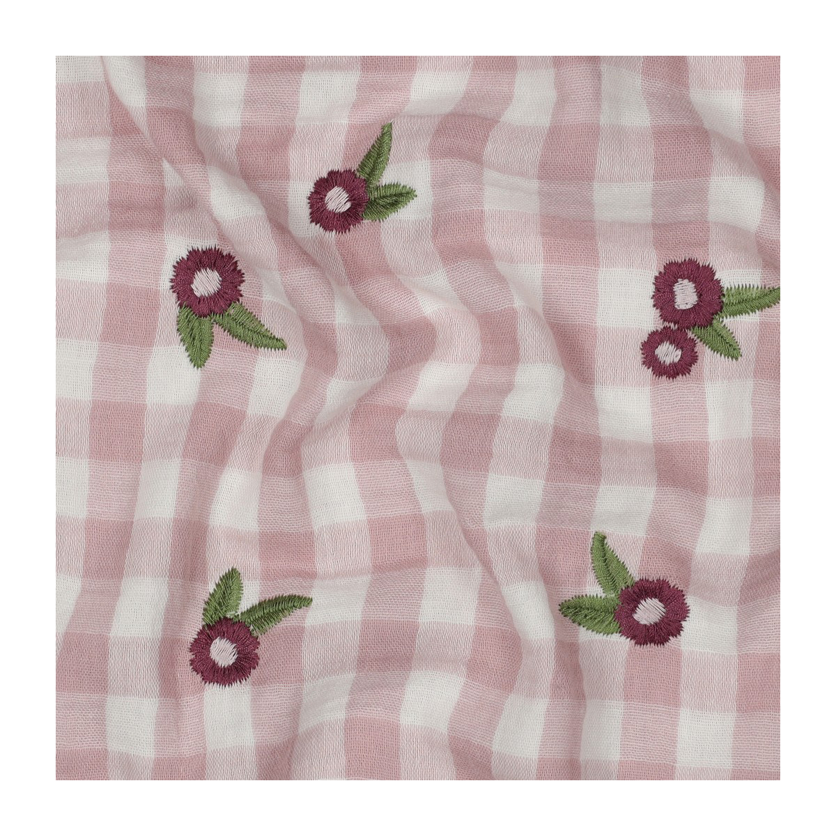 Elvina - Double gaze de coton brodée vichy mauve broderie fleur