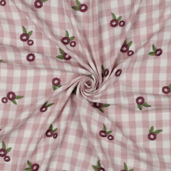 Elvina - Double gaze de coton brodée vichy mauve broderie fleur