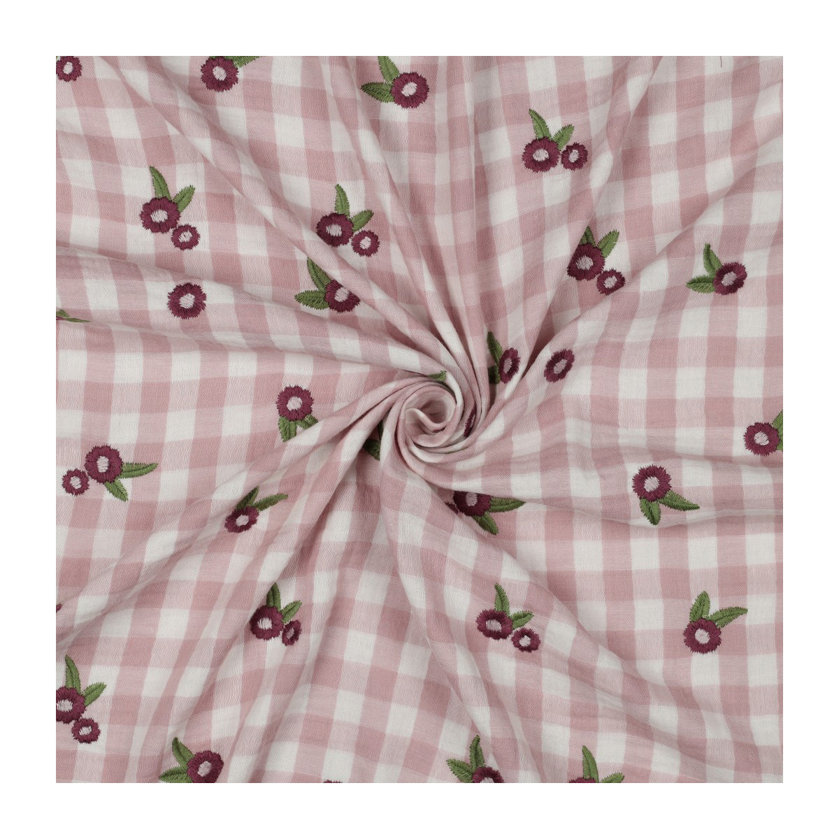 Elvina - Double gaze de coton brodée vichy mauve broderie fleur