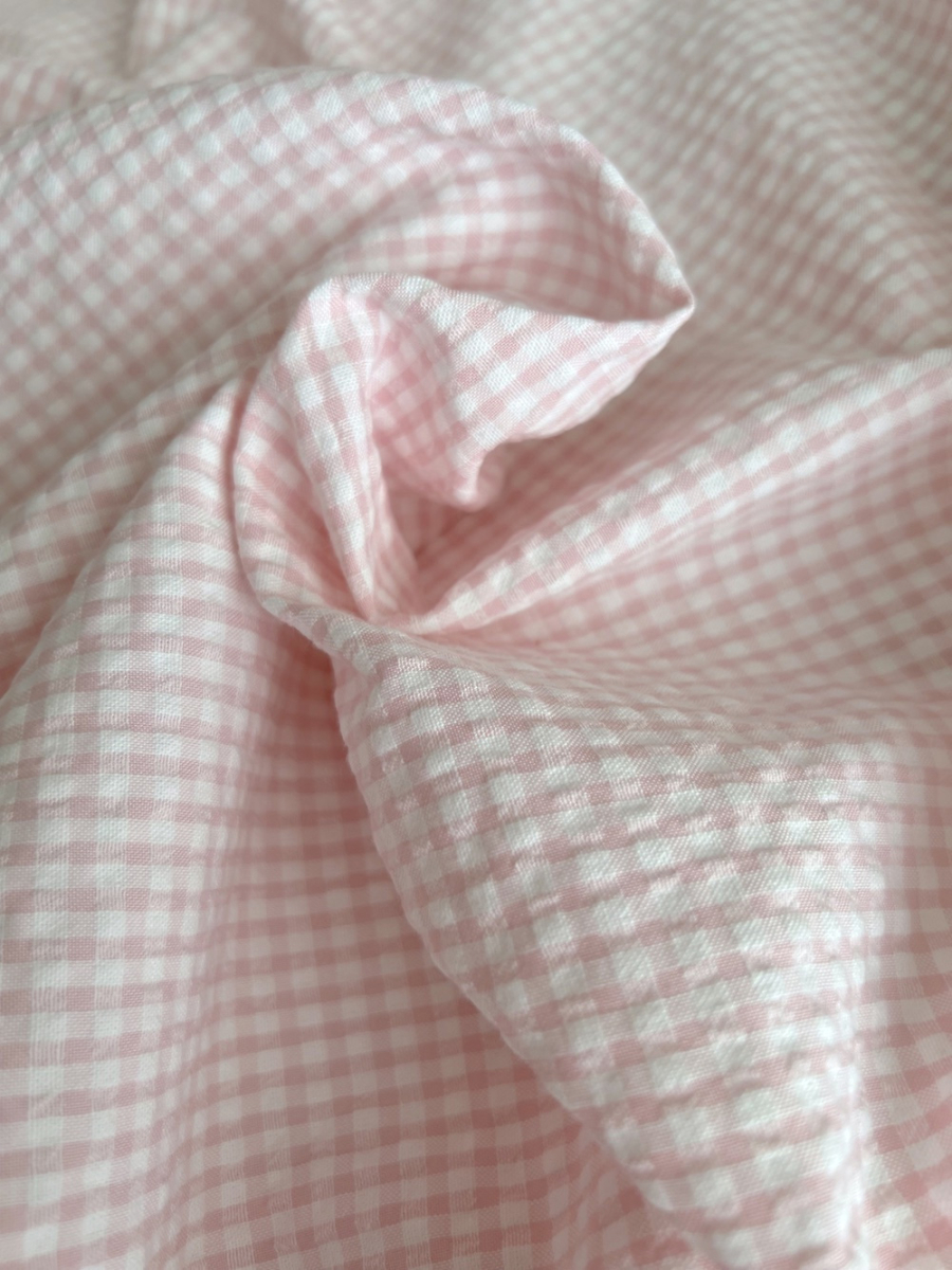 Seersucker / Coton gaufré vichy mini 3mm rose dragée / blanc