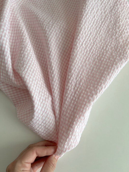 Seersucker / Coton gaufré vichy mini 3mm rose dragée / blanc