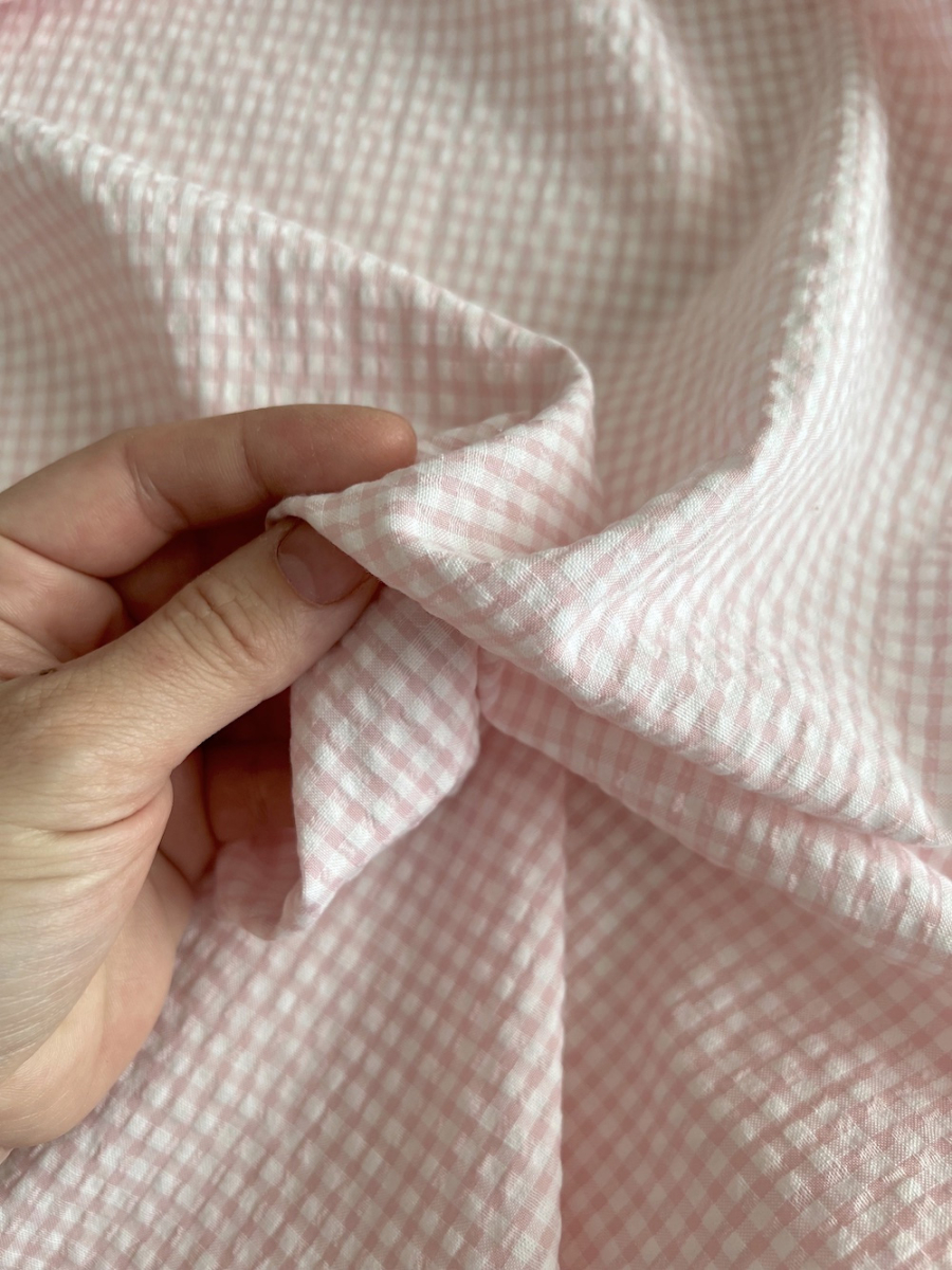 Seersucker / Coton gaufré vichy mini 3mm rose dragée / blanc
