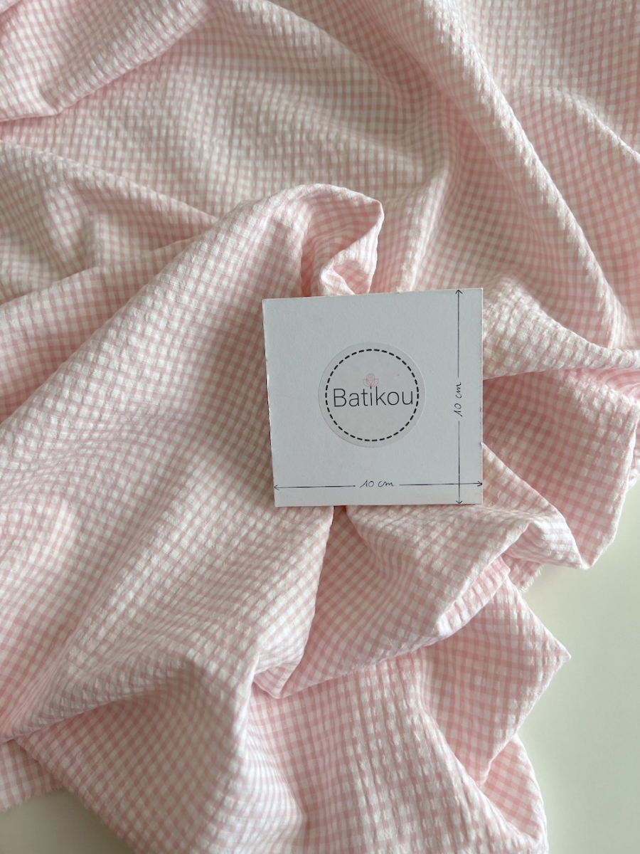Seersucker / Coton gaufré vichy mini 3mm rose dragée / blanc