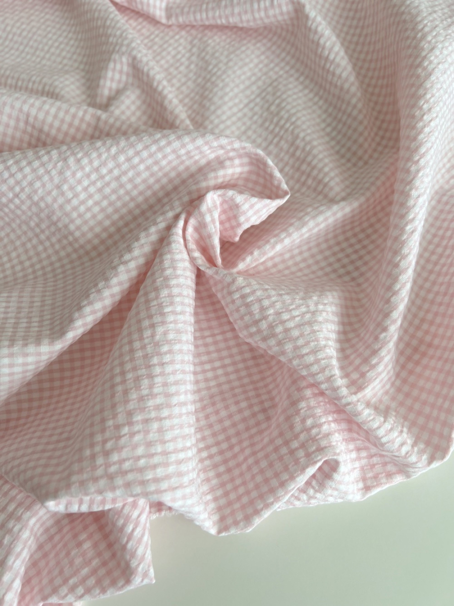 Seersucker / Coton gaufré vichy mini 3mm rose dragée / blanc
