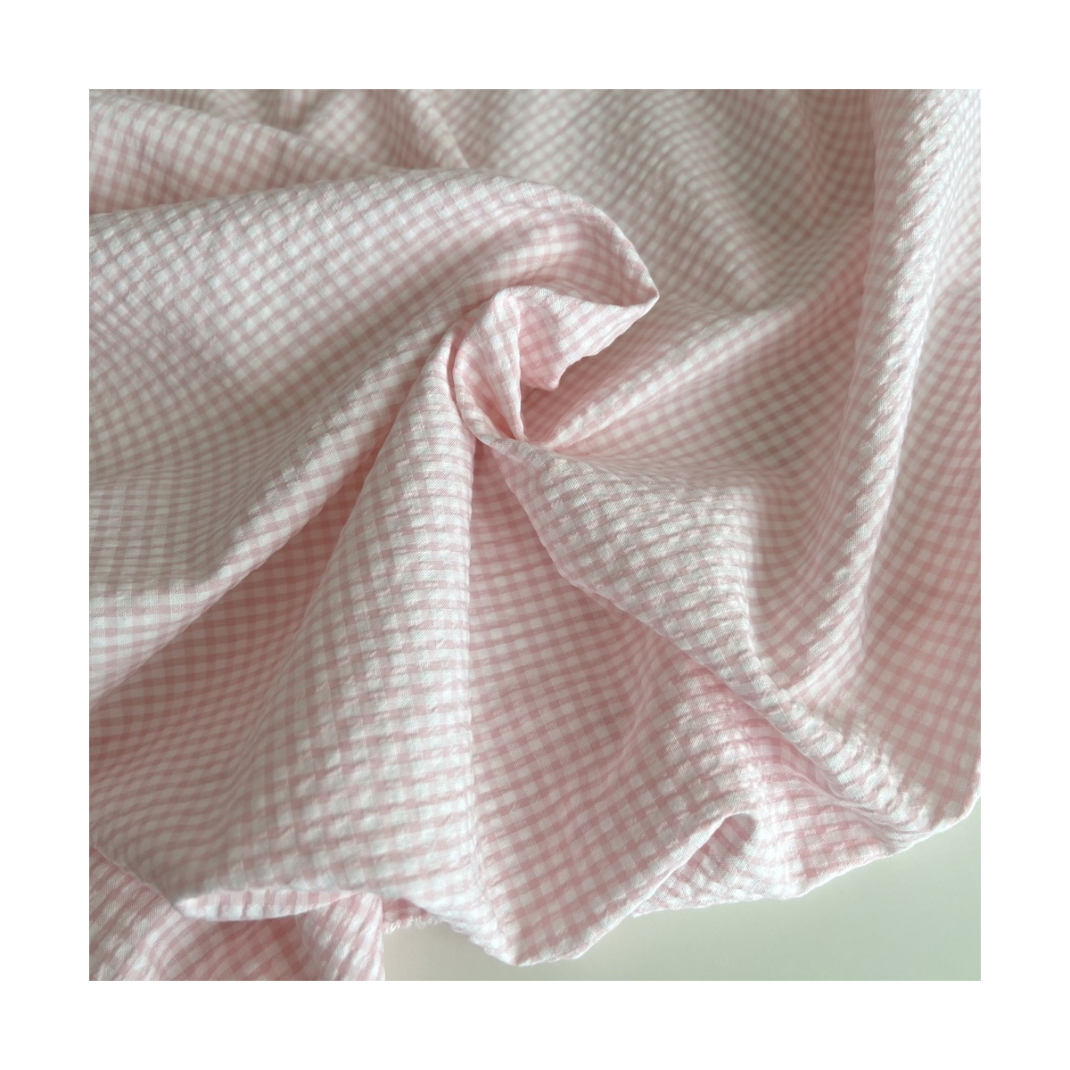 Seersucker / Coton gaufré vichy mini 3mm rose dragée / blanc