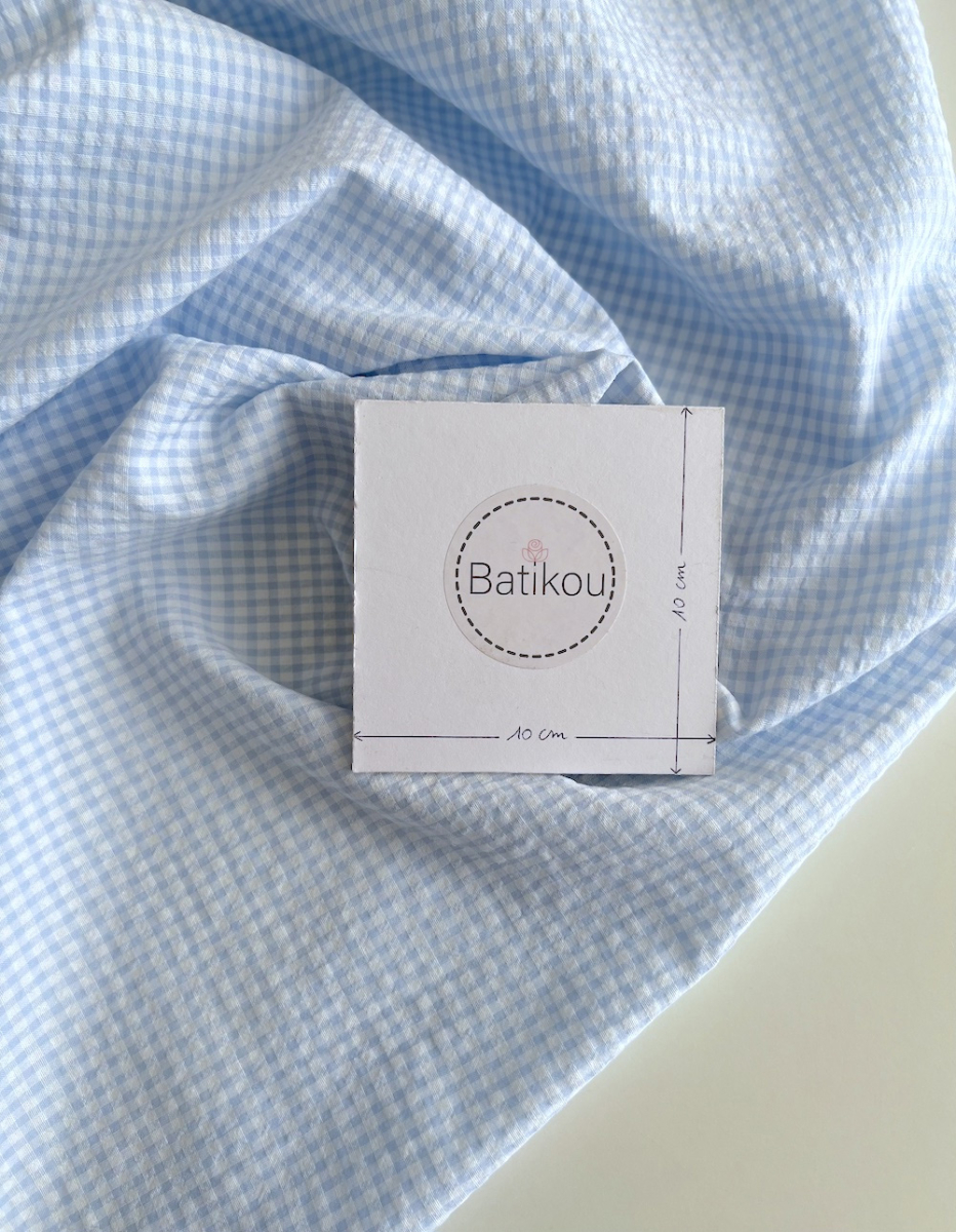 Seersucker / Coton gaufré vichy mini 3mm bleu ciel / blanc