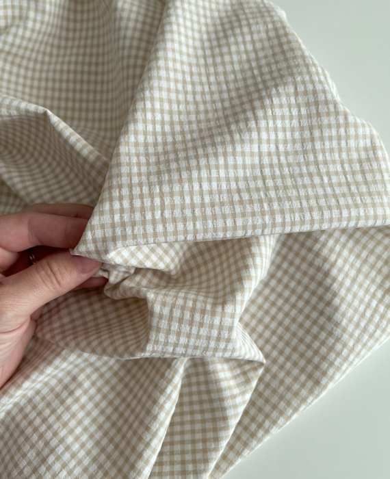 Seersucker / Coton gaufré vichy mini 3mm biscuit / blanc Batikou - 2