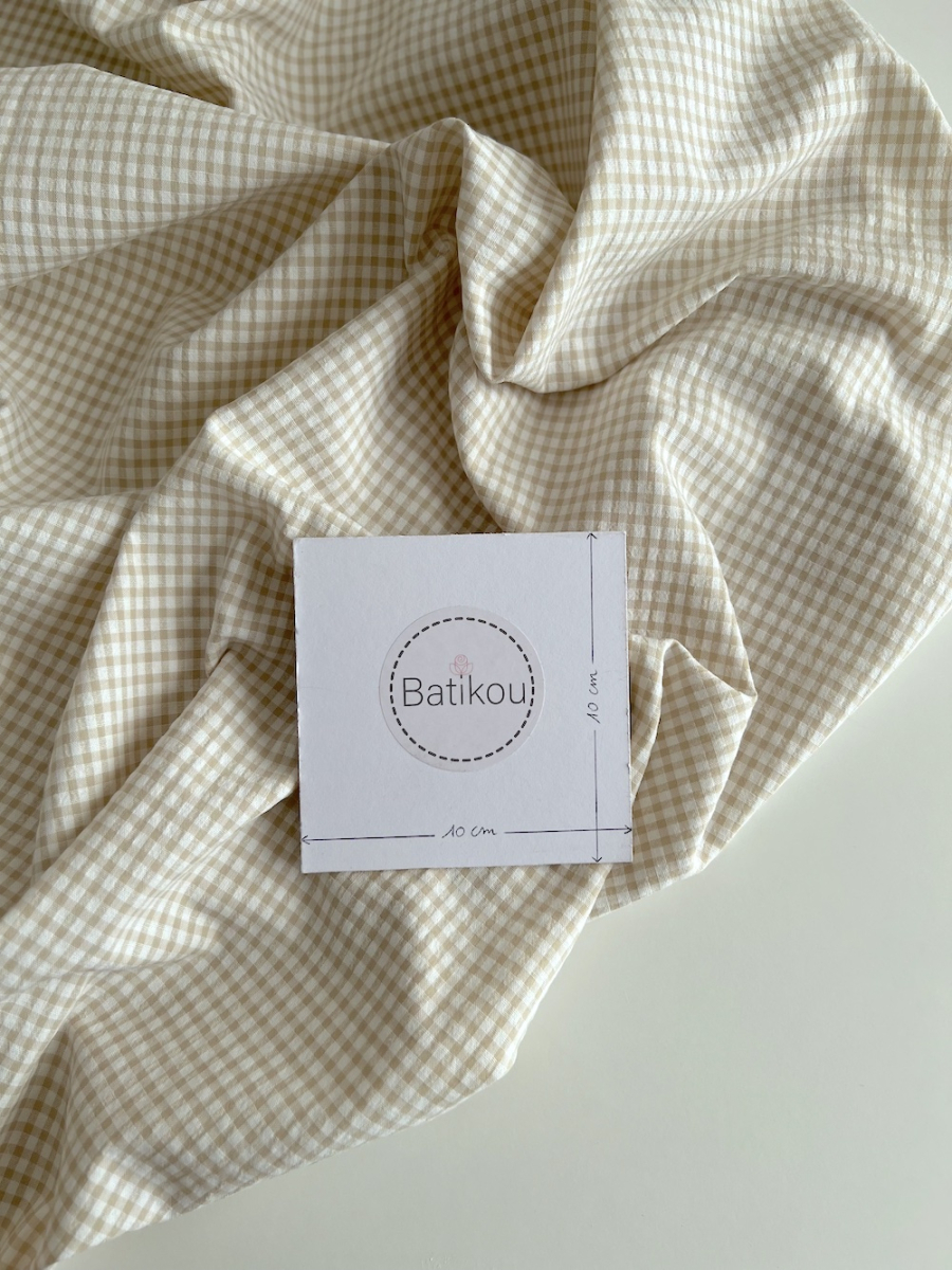 Seersucker / Coton gaufré vichy mini 3mm biscuit / blanc Batikou - 4