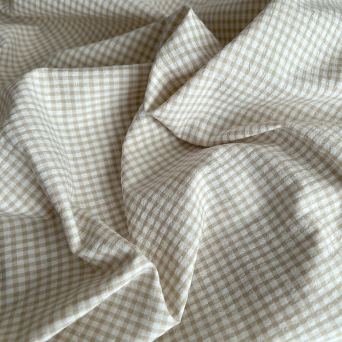 Seersucker / Coton gaufré vichy mini 3mm biscuit / blanc Batikou - 1