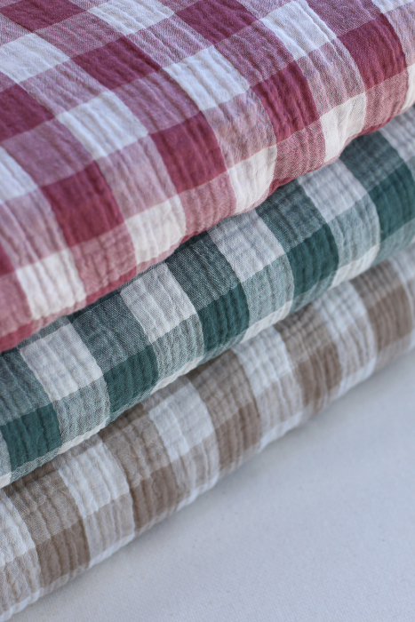 Double gaze de coton vichy réversible blanc / vert sapin