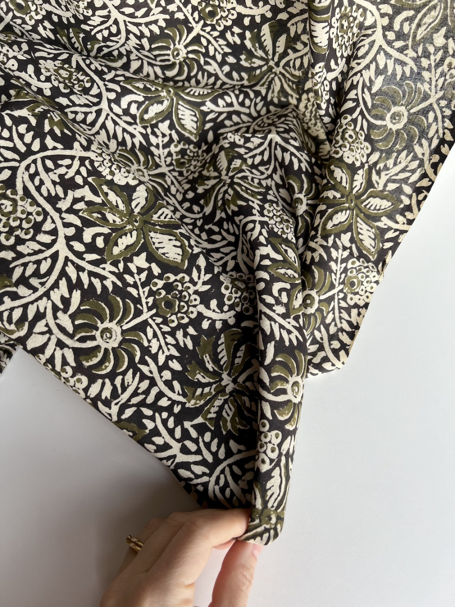 Tissu indien coton hand block traditionnel kaki / noir Batikou - 3