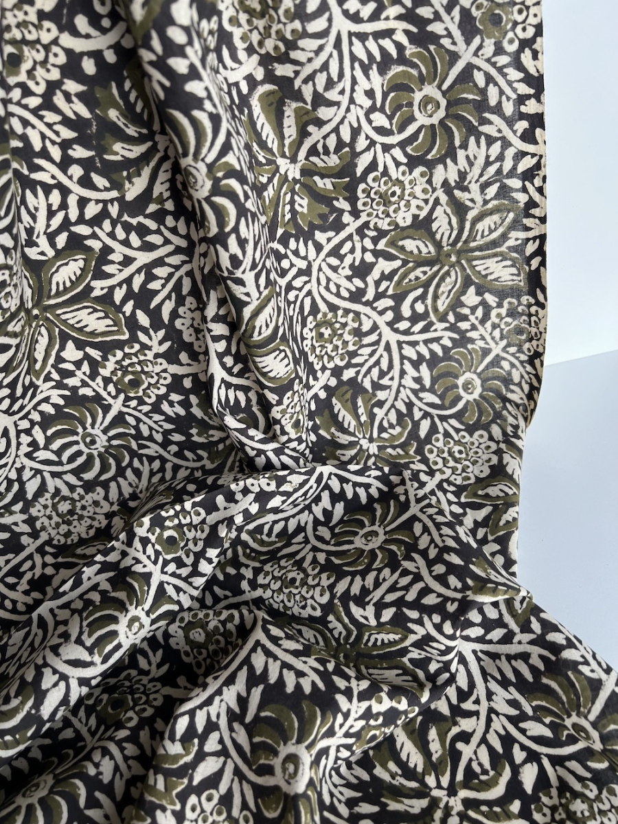 Tissu indien coton hand block traditionnel kaki / noir Batikou - 6