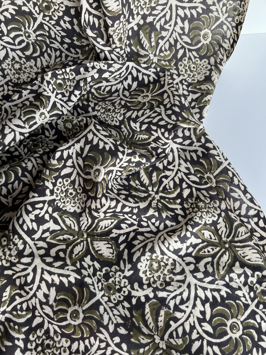 Tissu indien coton hand block traditionnel kaki / noir Batikou - 7