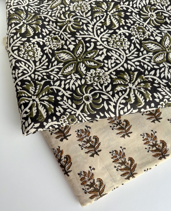 Tissu indien coton hand block traditionnel kaki / noir Batikou - 8