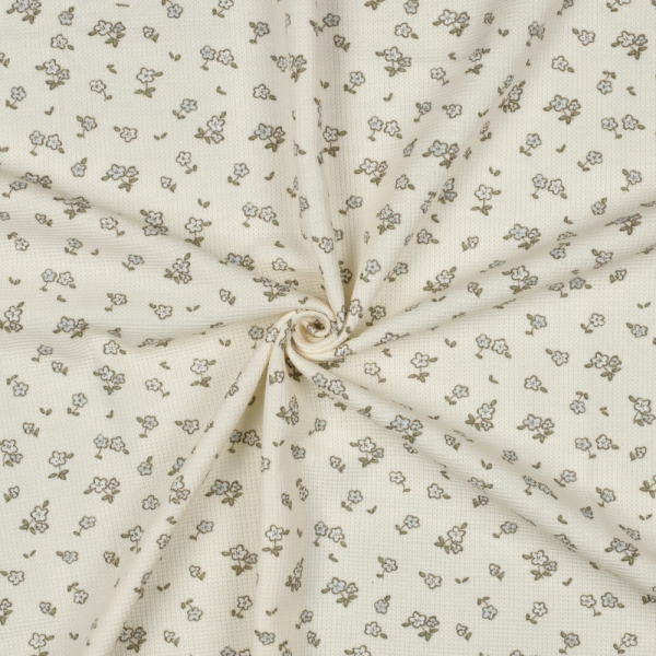 Jersey coton côtes fines à motif petit fleuri fond écru 2