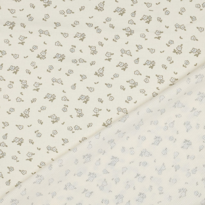 Jersey coton côtes fines à motif petit fleuri fond écru