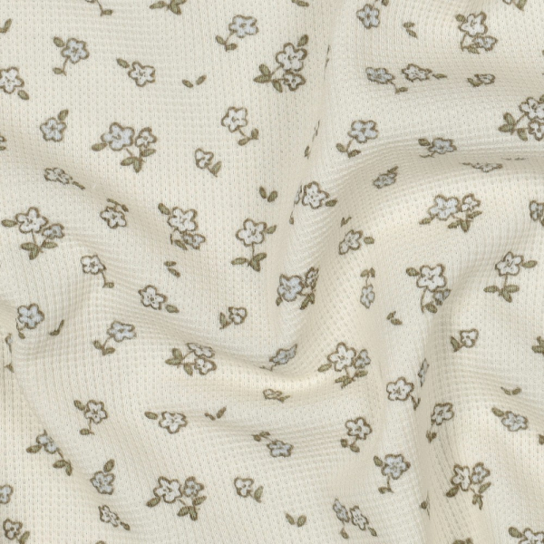 Jersey coton côtes fines à motif petit fleuri fond écru